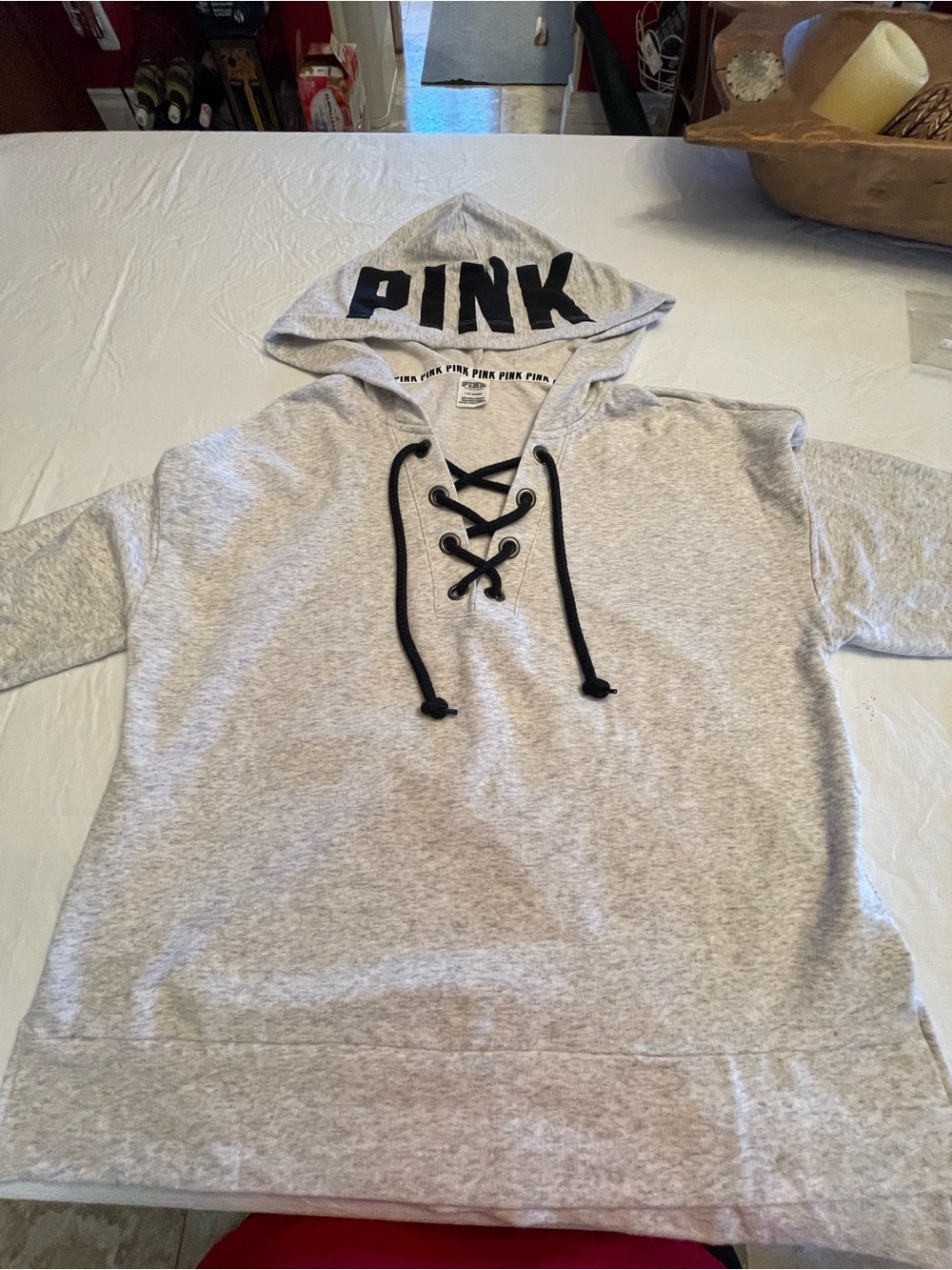 PINK Victoria's Secret Gray Lace-Up Hooded Sweatshirt with Black Drawcords EUC L